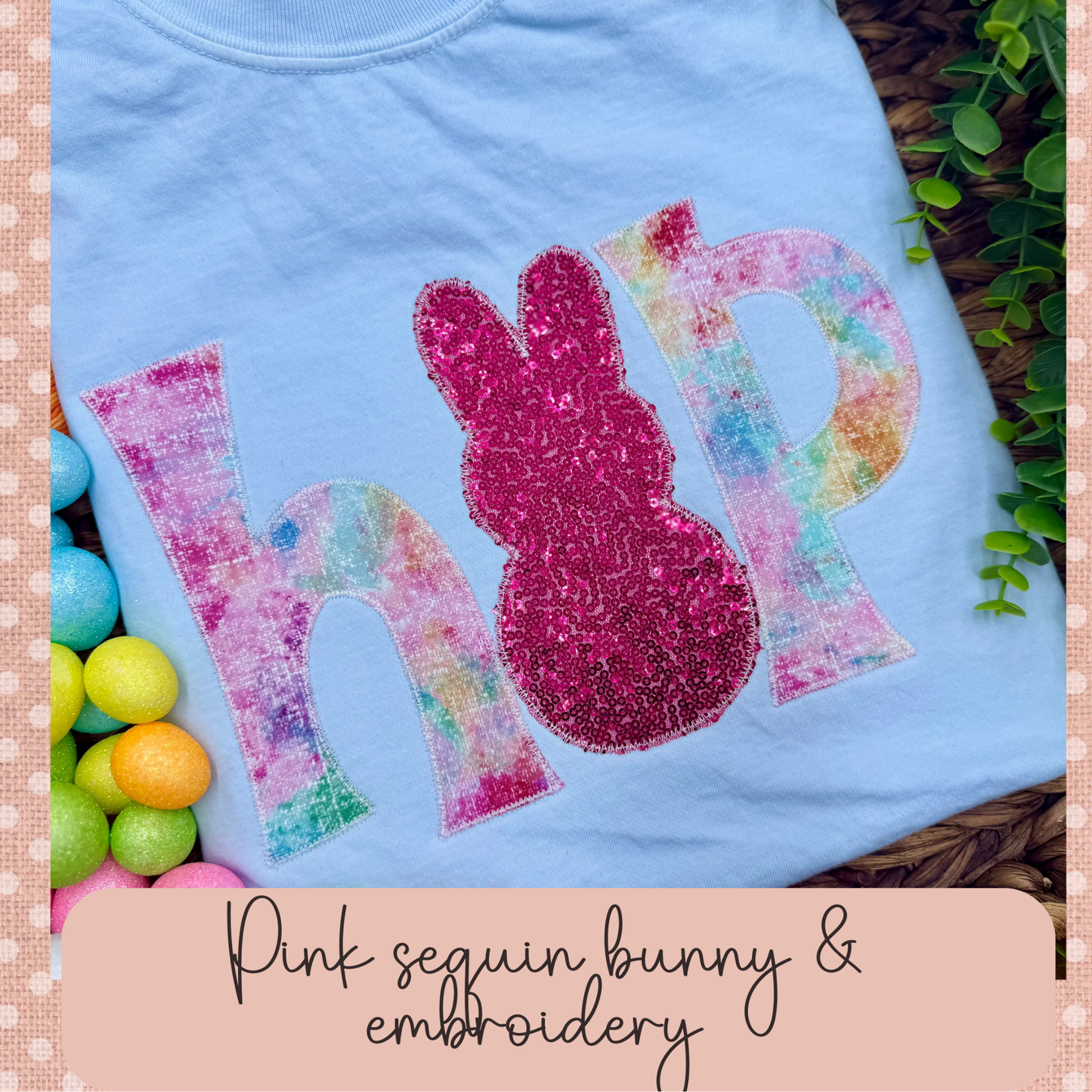 Pink Sequin Bunny And Embroidery Tshirt Or Crewneck Sweatshirt