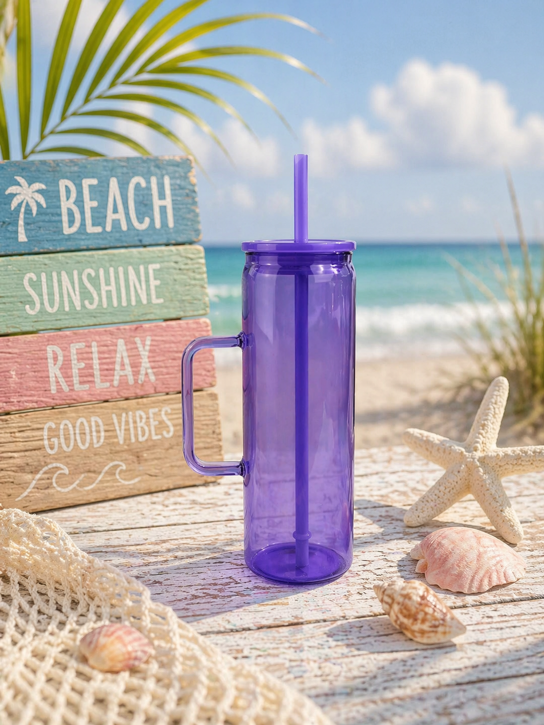 Sunshine & Saltwater Sips Custom 20 oz Glass Skinny Tumbler with Handle
