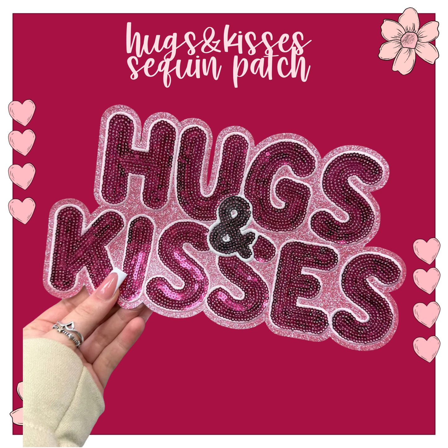 Hugs and Kisses sequin patch on a sweatshirt