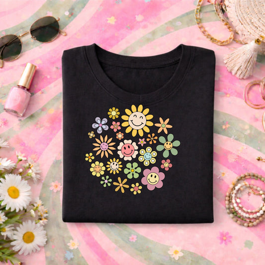 Retro Smiley Flowers - TShirt,Tank or Hoodie