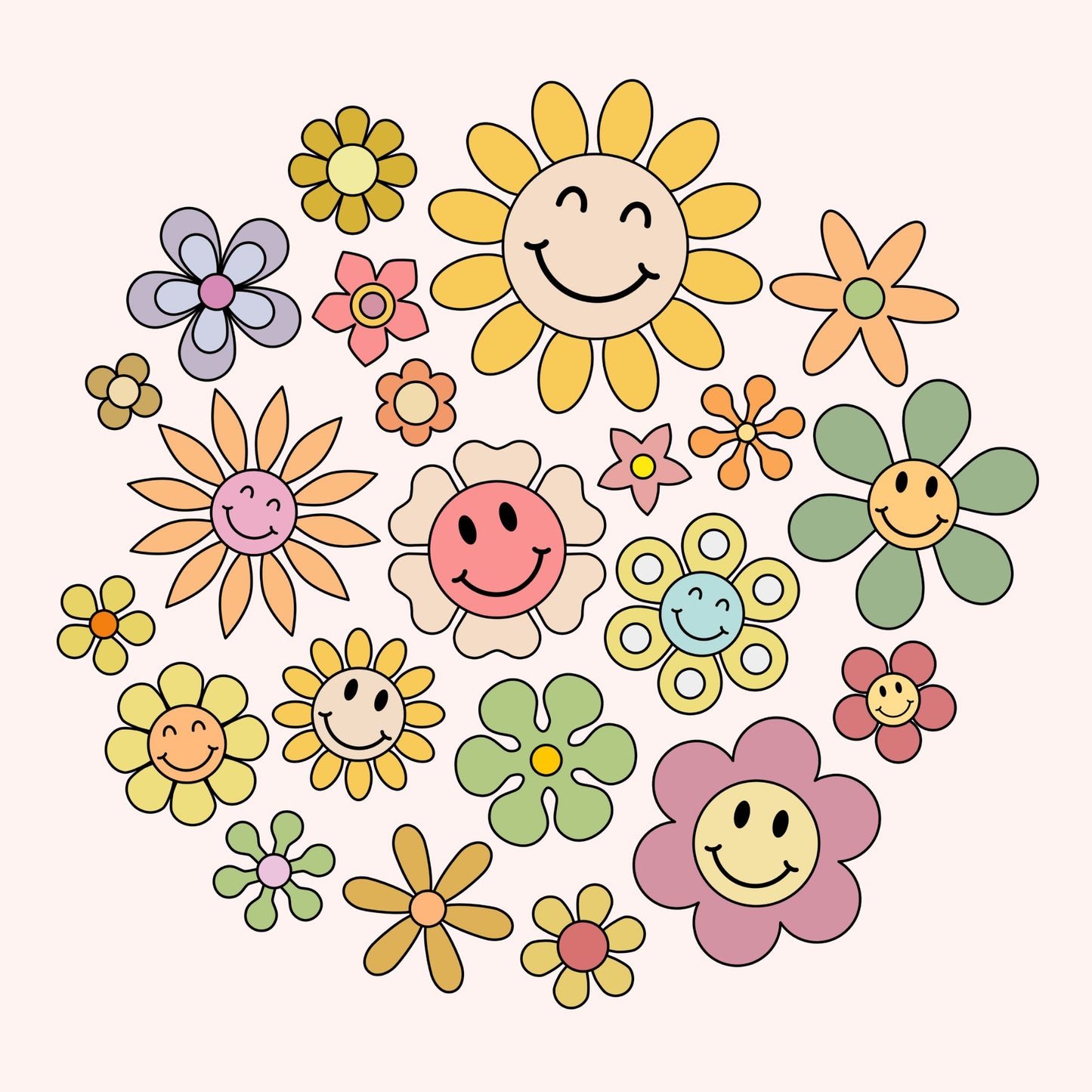 Retro Smiley Flowers - TShirt,Tank or Hoodie