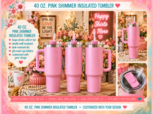 40 oz. Custom stainless steel insulated tumbler with handle- Flamingo Pink