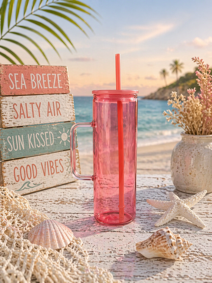 Sunshine & Saltwater Sips Custom 20 oz Glass Skinny Tumbler with Handle