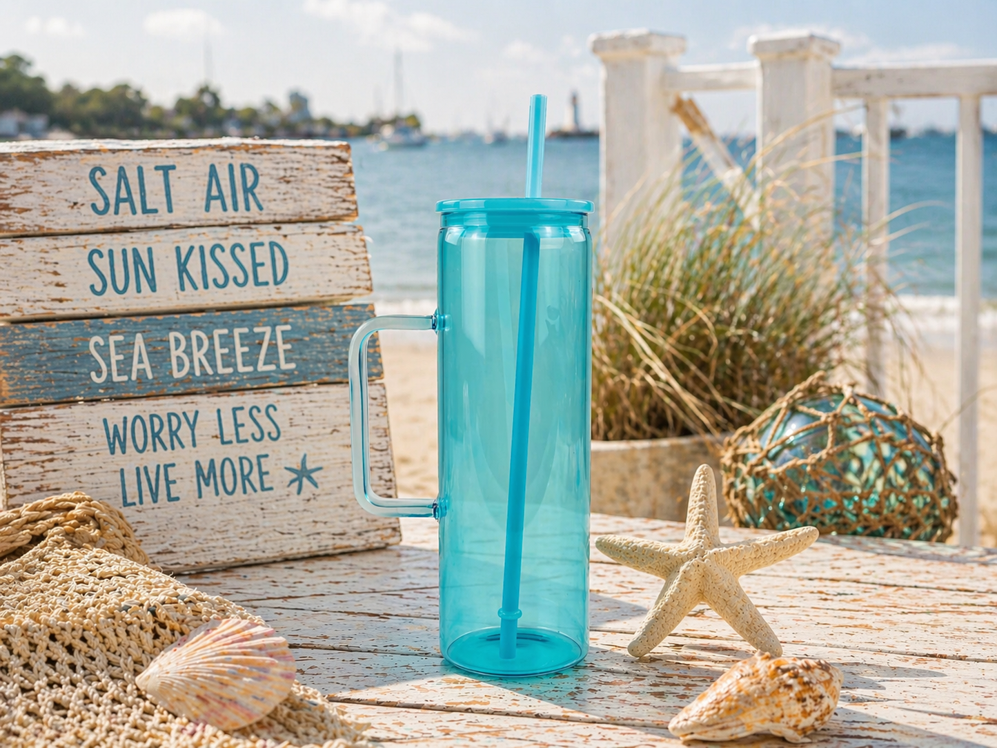 Sunshine & Saltwater Sips Custom 20 oz Glass Skinny Tumbler with Handle