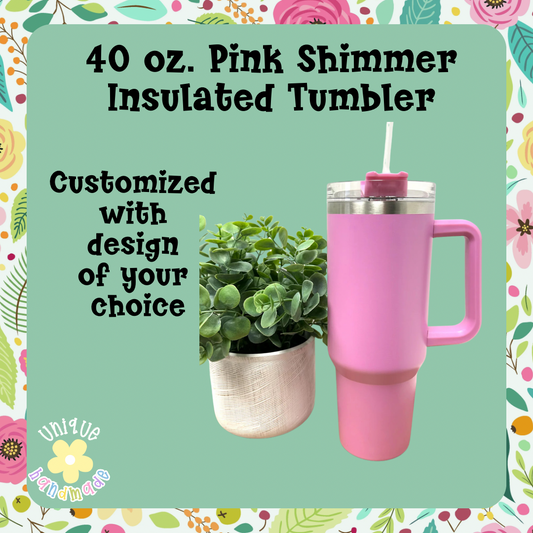 40 oz. Custom stainless steel insulated tumbler with handle- Hot PInk