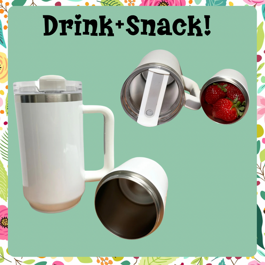 NEW! Sip & Snack! 40 oz. Custom stainless steel insulated tumbler with handle and detachable snack container