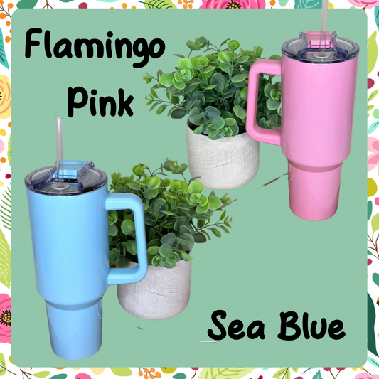 40 oz. Custom stainless steel insulated tumbler with handle- Sea Blue/ Flamingo Pink