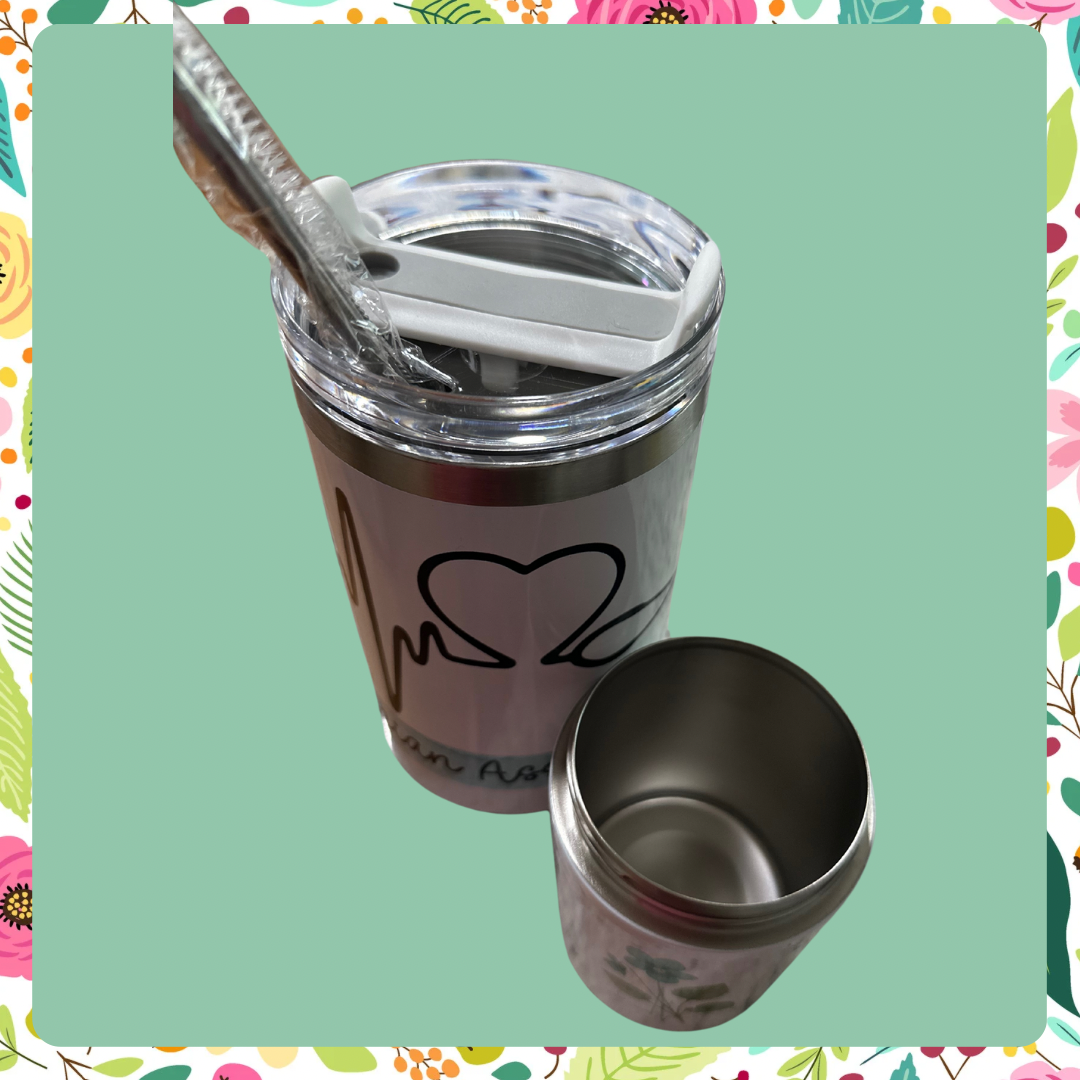 NEW! Sip & Snack! 40 oz. Custom stainless steel insulated tumbler with handle and detachable snack container