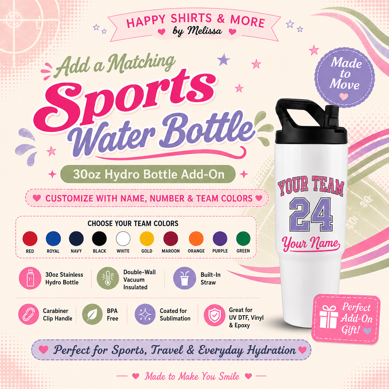Custom Sports Tees/ Optional Add on Water Bottle