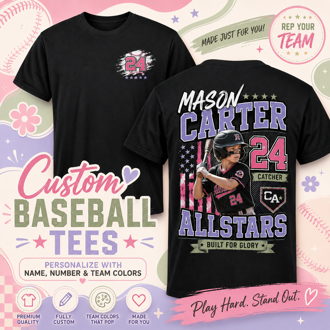 Custom Sports Tees/ Optional Add on Water Bottle