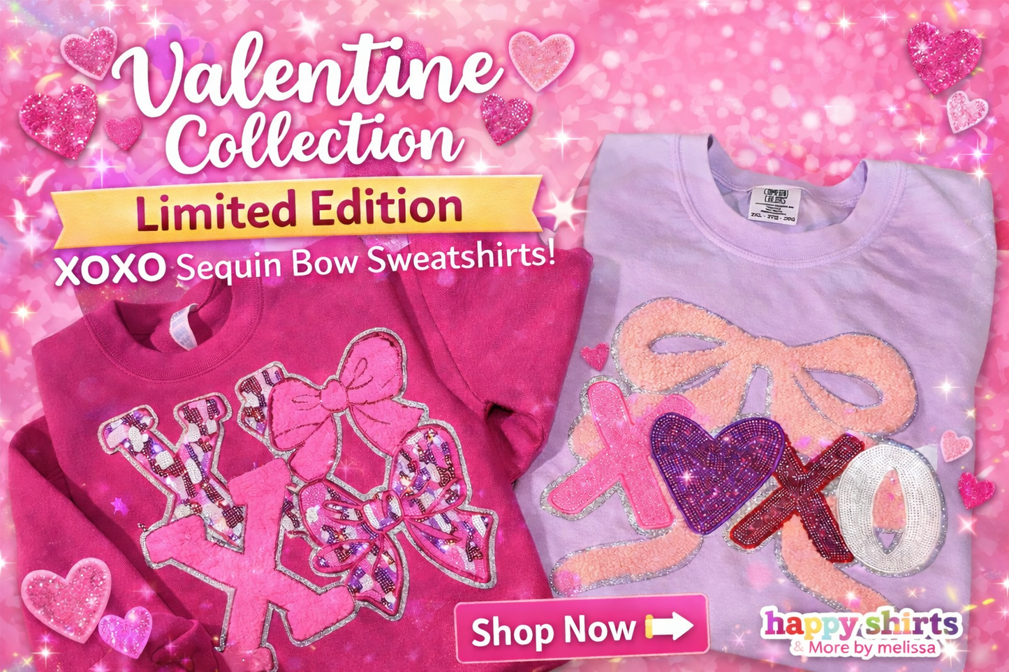 XOXO Sequin Light Pink Bow Patch Appliqué – Sparkle Valentine Design Apparel
