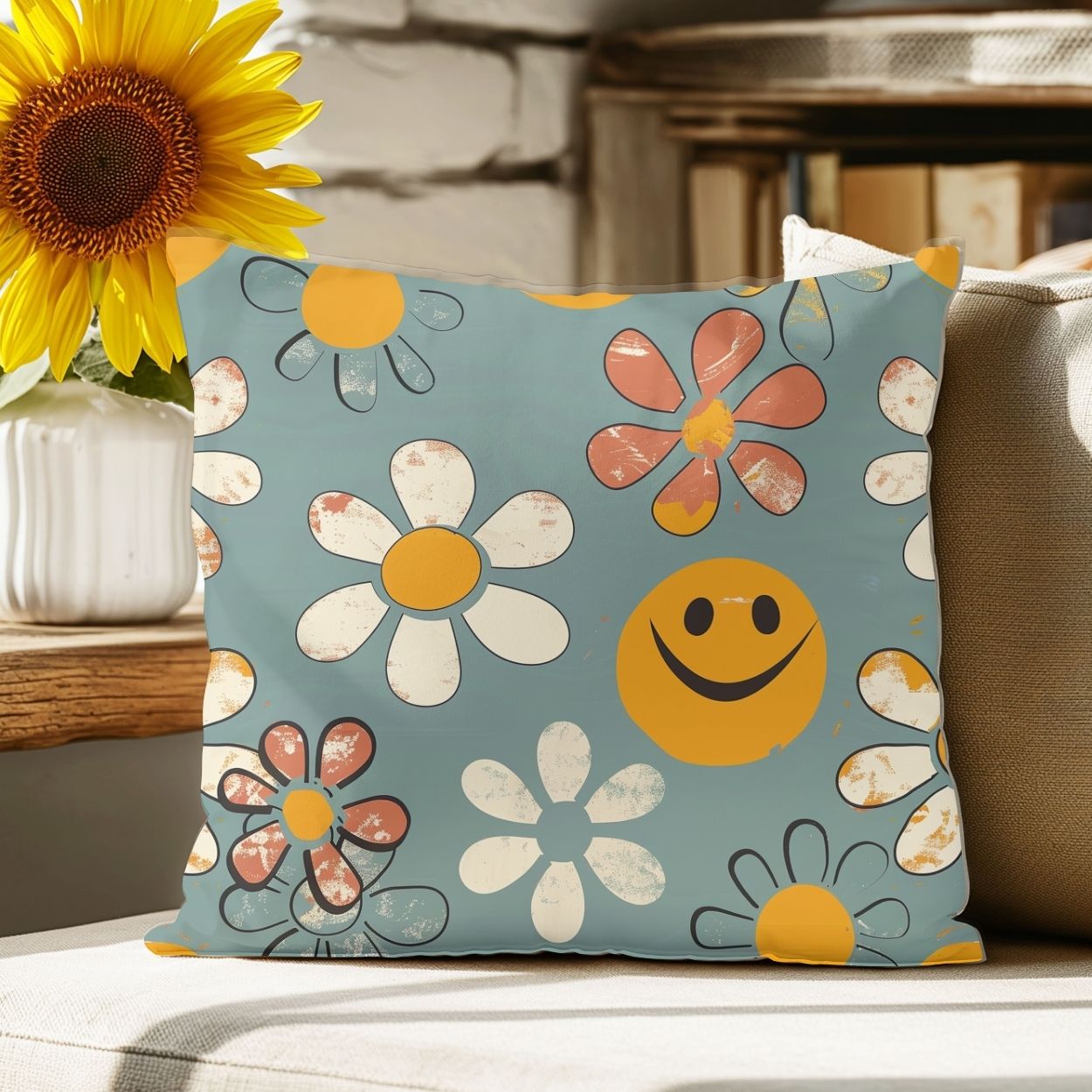 Throw Pillow- Smiley Flowers