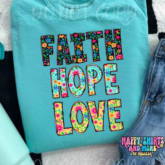 Faith Hope Love bright floral -Digital design
