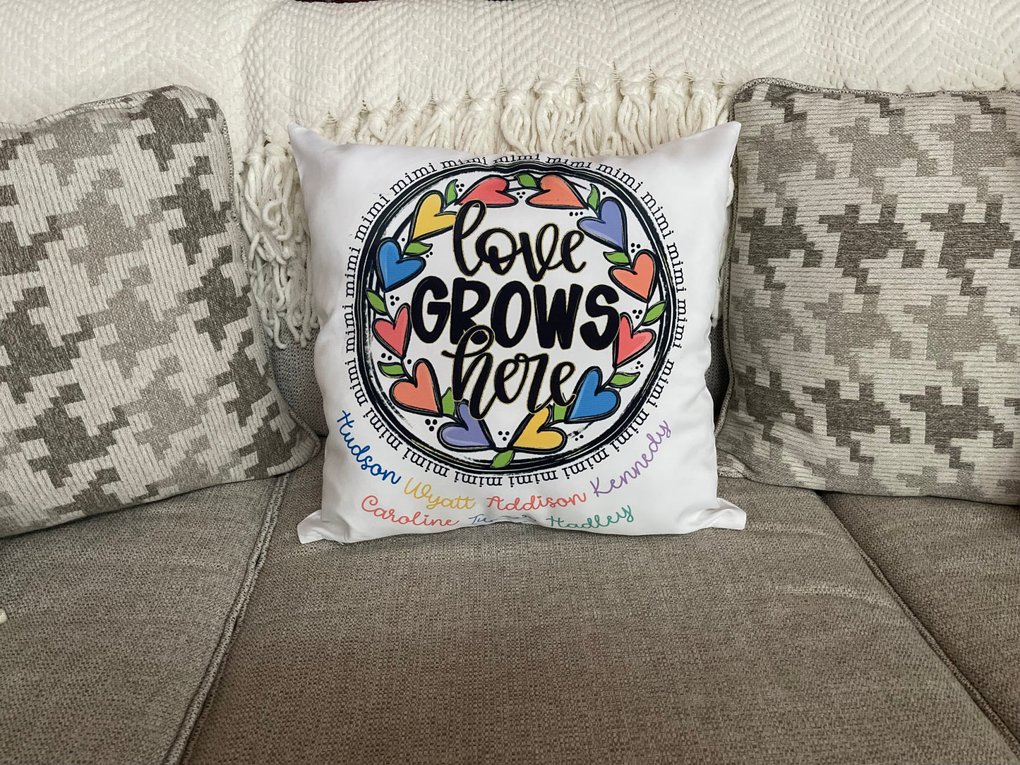 Personalized Love Grows Here Pillow- Mimi/Nana/Mom/Grandma, etc.