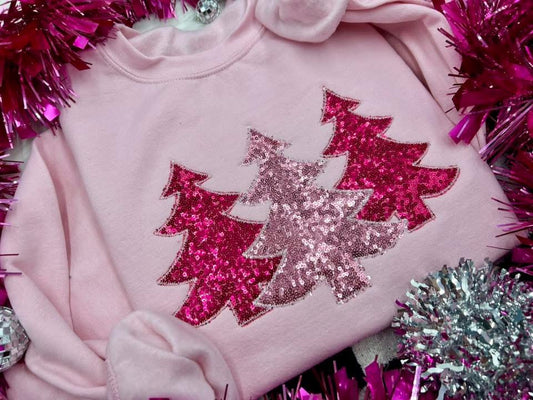 🎄 Limited Edition Holiday Embroidered Sequin Tshirt or Sweatshirt. Pink trees.  Order by November 30th! 🎁