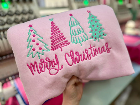 🎄 Limited Edition Holiday Embroidered Sequin Tshirt or Sweatshirt. Pink and Mint Trees — Order by November 30th! 🎁