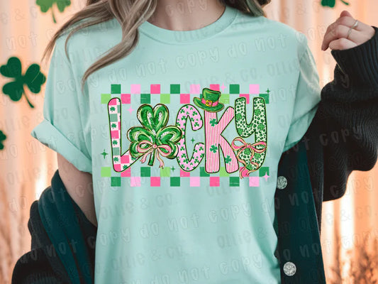 Lucky Pink & Green Checker- T-Shirt, Tank, Hoodie or Tote Bag