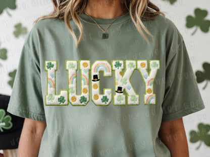 Lucky Faux Chenille Patch- T-Shirt, Tank or Hoodie